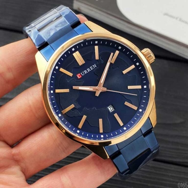 CURREN 8366 men’s stainless steel analog watch dial closeup rose gold & royal blue