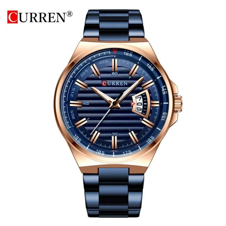 CURREN 8375 men’s quartz watch front view rose gold & royal blue in Bangladesh