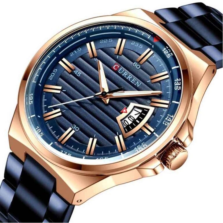 CURREN 8375 men’s quartz watch dial closeup rose gold & royal blue