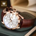 OLEVS 5610 men’s leather strap analog watch side angle