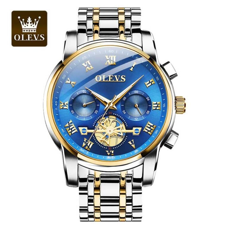 OLEVS 2859 men’s chronograph luxury business stainless steel strap analog watch closeup