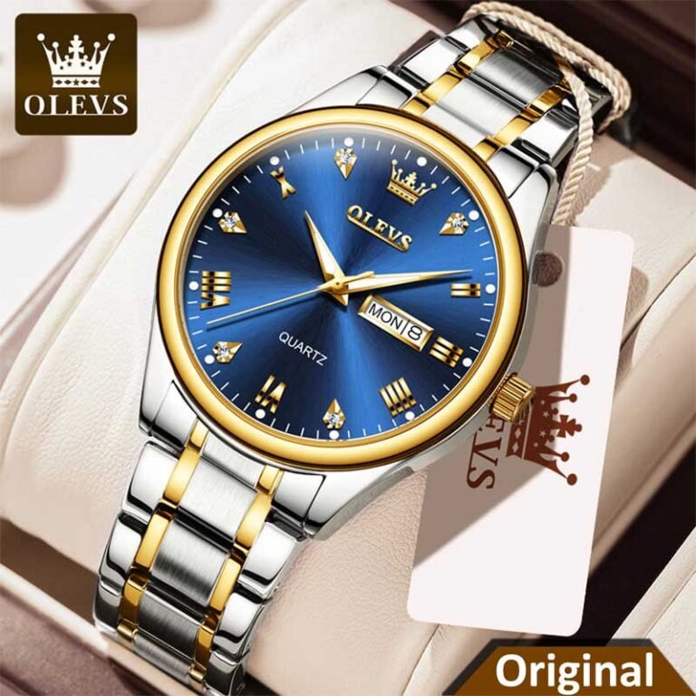 OLEVS 5563 men’s analog blue gold wrist watch front view in Bangladesh