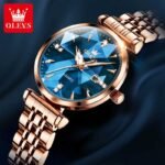 OLEVS 5536 women’s rose gold stainless steel analog watch strap closeup