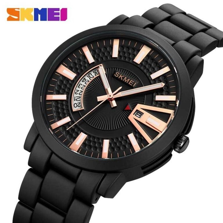 SKMEI 1985 men’s stainless steel stylish analog watch close up view
