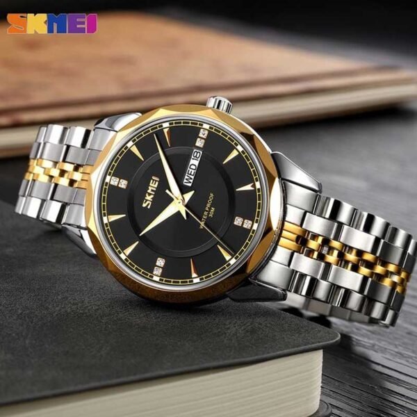 SKMEI 9268 men’s stainless steel analog waterproof luxury watch dial closeup photo