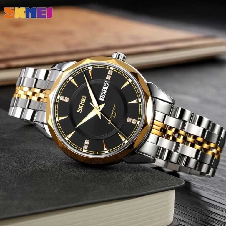 SKMEI 9268 men’s stainless steel analog waterproof luxury watch dial closeup photo