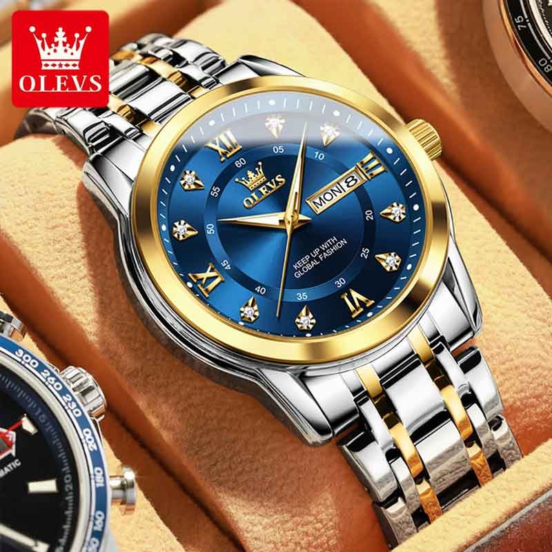 olevs-mens-analog-watch-5513-blue-gold OLEVS 5513 men’s waterproof stainless steel analog casual wrist watch front view in Bangladesh